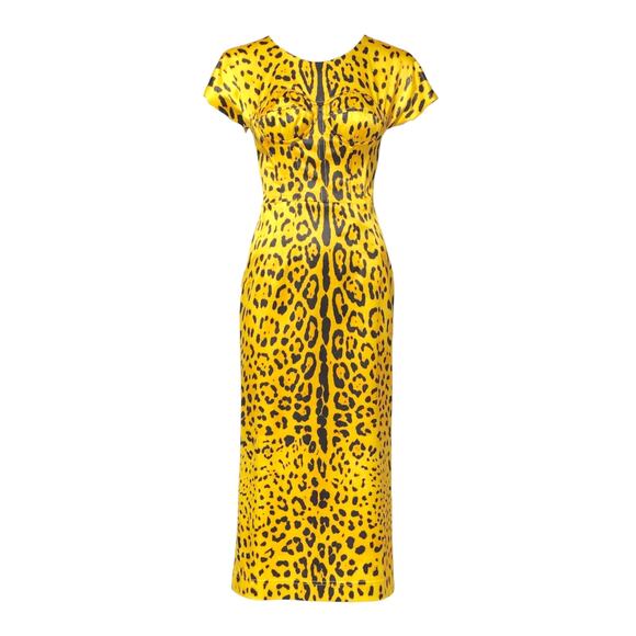 NWT Dolce & Gabbana Yellow Leopard-Print Midi Satin Dress 42 M - Picture 4 of 10